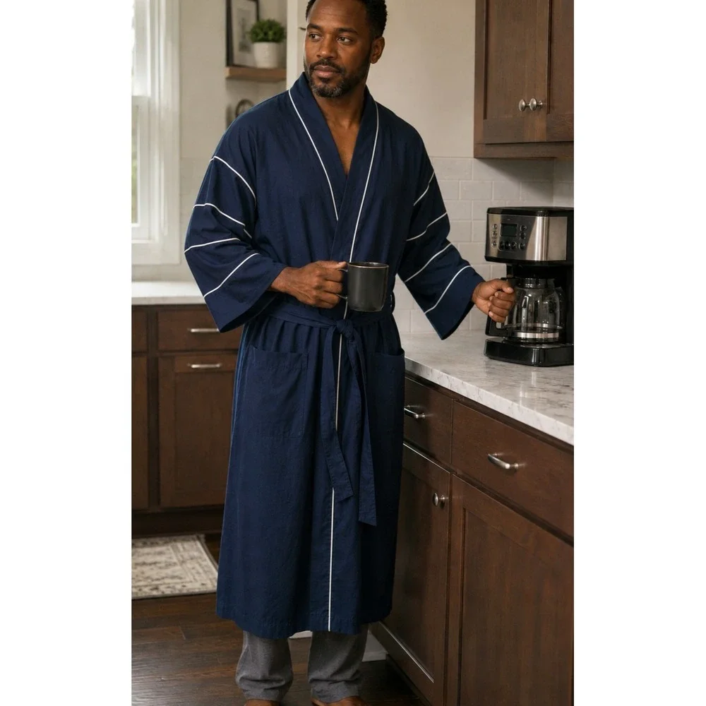 VTG Rabhor Men's Robe Navy Blue with White Piping Accent One Size Cotton/Poly
